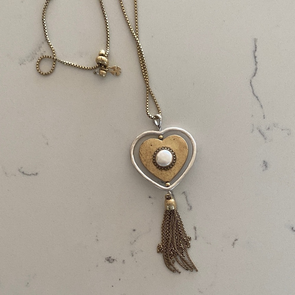 LUCKY BRAND Double Sided Pearl/Turquoise tassel heart pendant (adjustable)